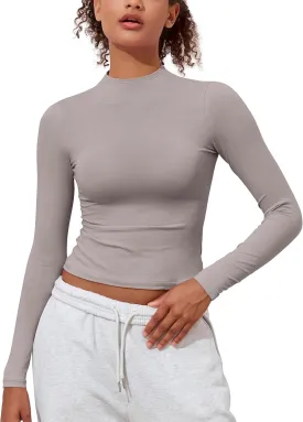 PrettyGuide Women's Cotton Long Sleeve Shirts Mock Neck Basic Tee Tight Fitted Fall Going Out Tops