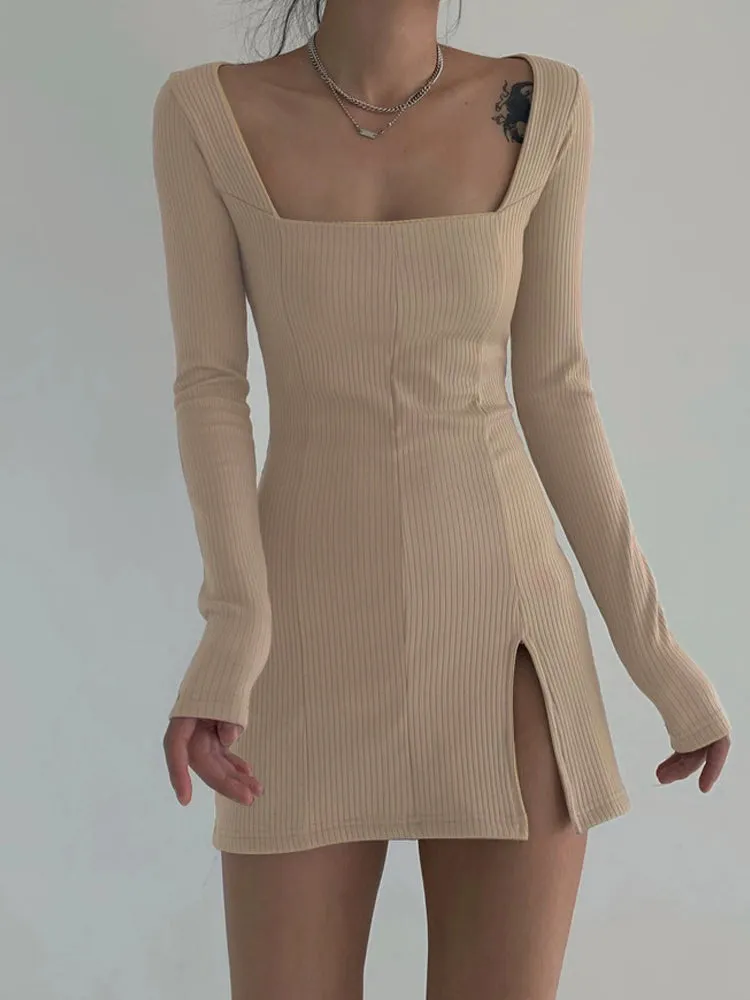 Ribbed Knitted Long Sleeve Dress