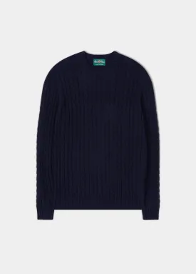 Roxburgh Long Sleeve Cable Crew Neck In Dark Navy - Classic Fit