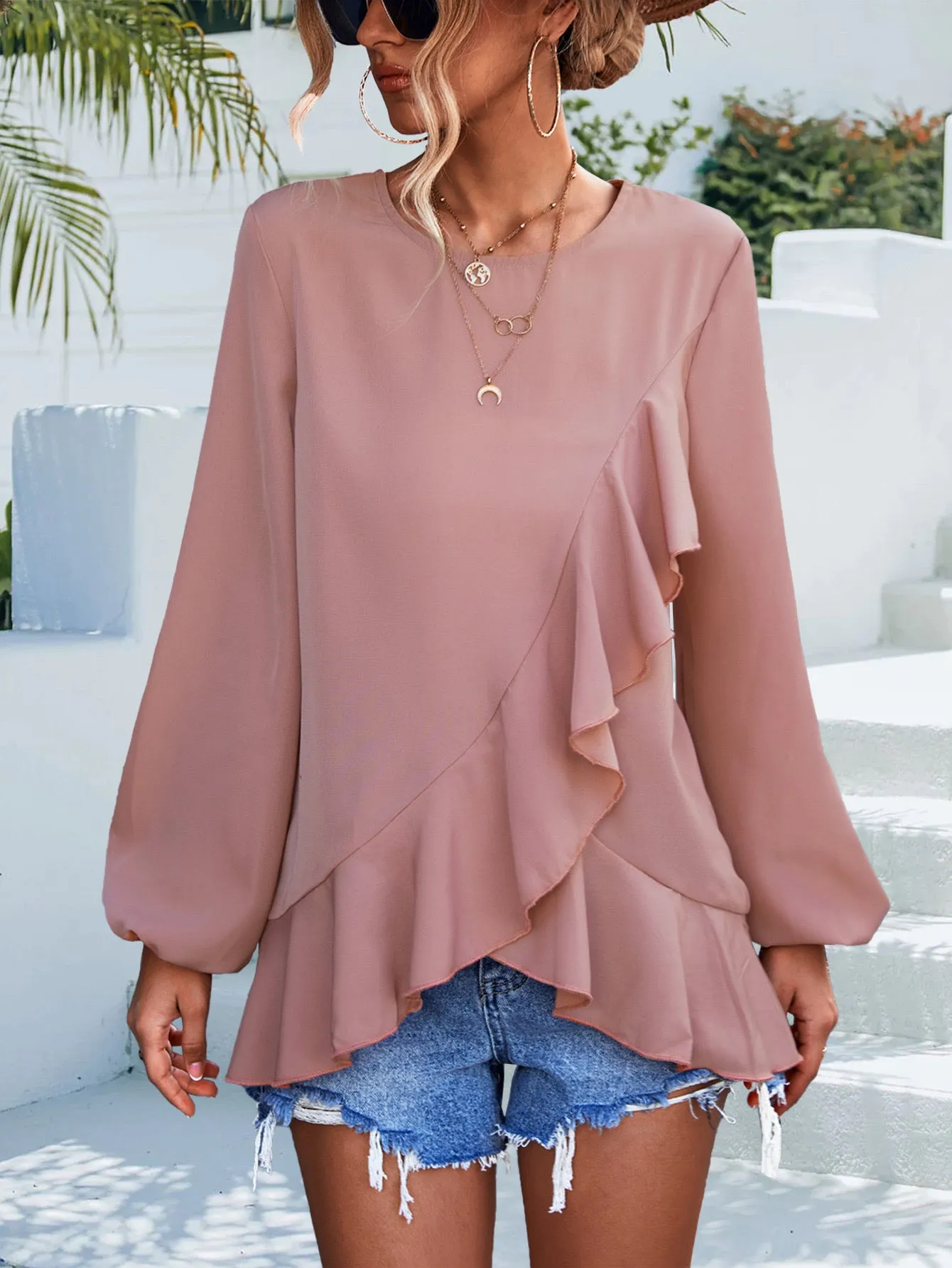 Ruffle Hem Bishop Sleeve Blouse