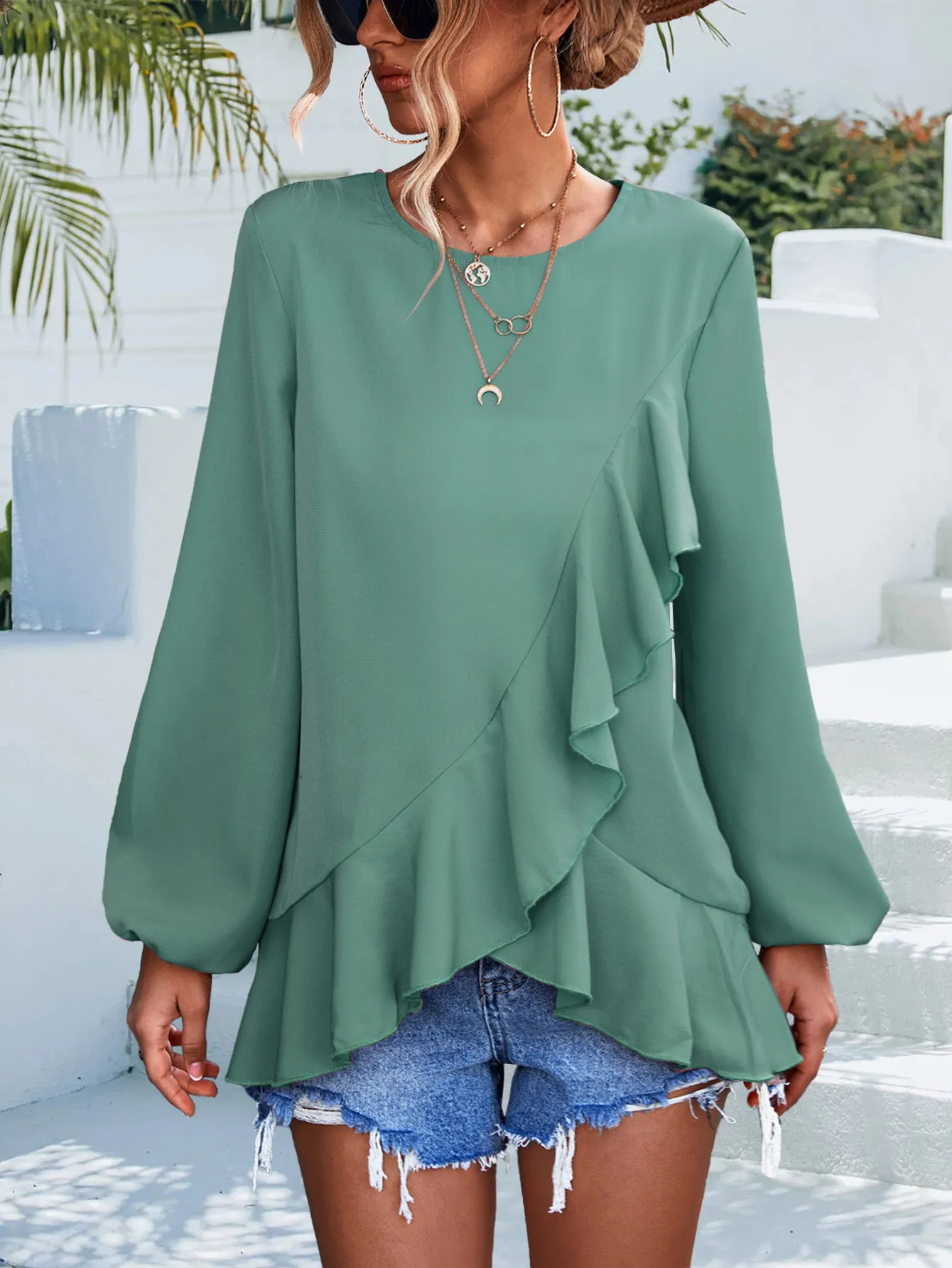 Ruffle Hem Bishop Sleeve Blouse