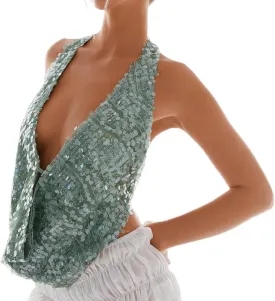 Sequin Halter Top for Women Sexy Sleeveless Deep V Neck Backless Glitter Tank Top Night Out Party Rave Outfits