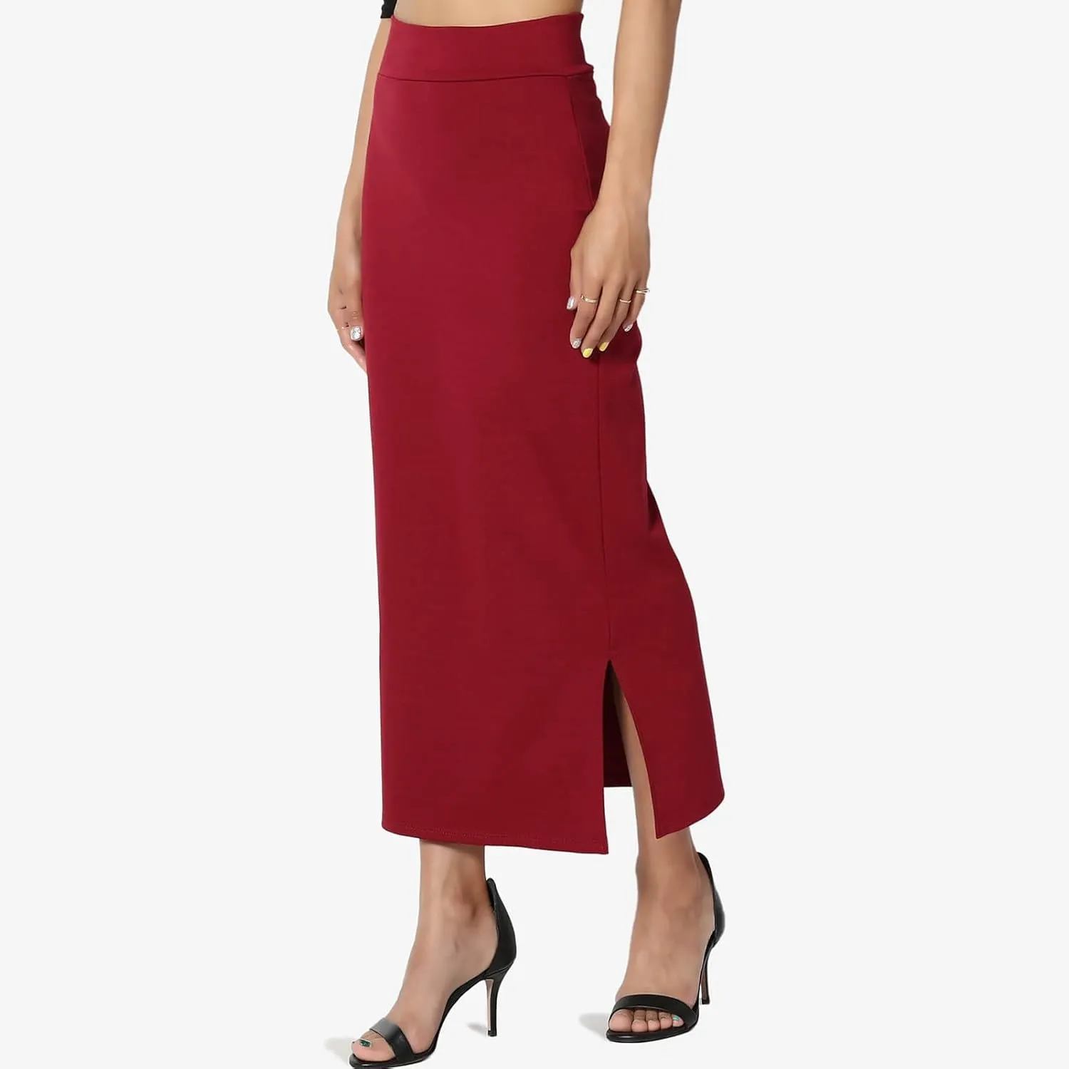 Sexy Solid Color Side Slit Knit High Waist Mid Calf Long Pencil Midi Skirt for Women High Waist Stretchy Bodycon Skirts