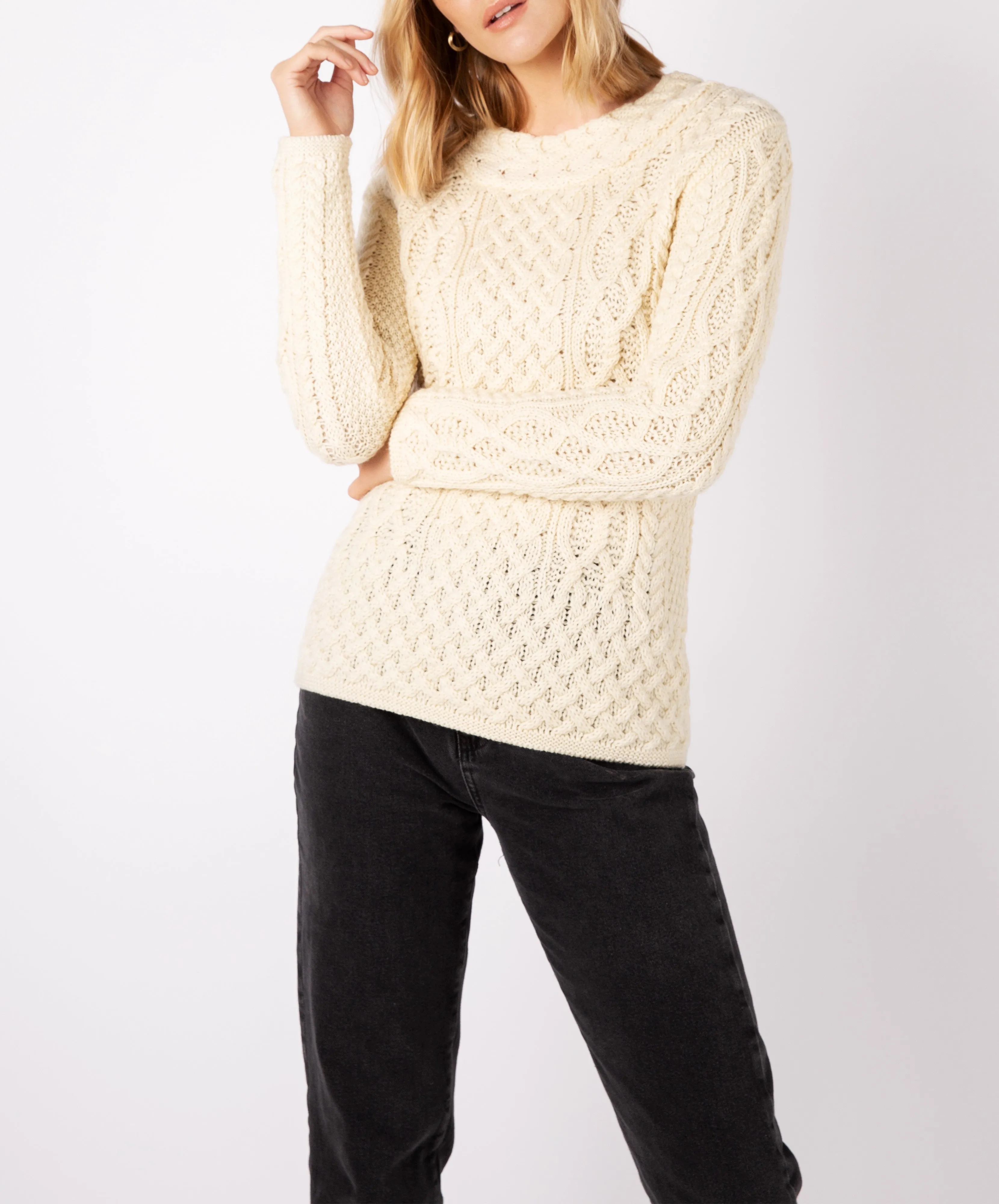 Spindle Aran Cable Neck Sweater Natural