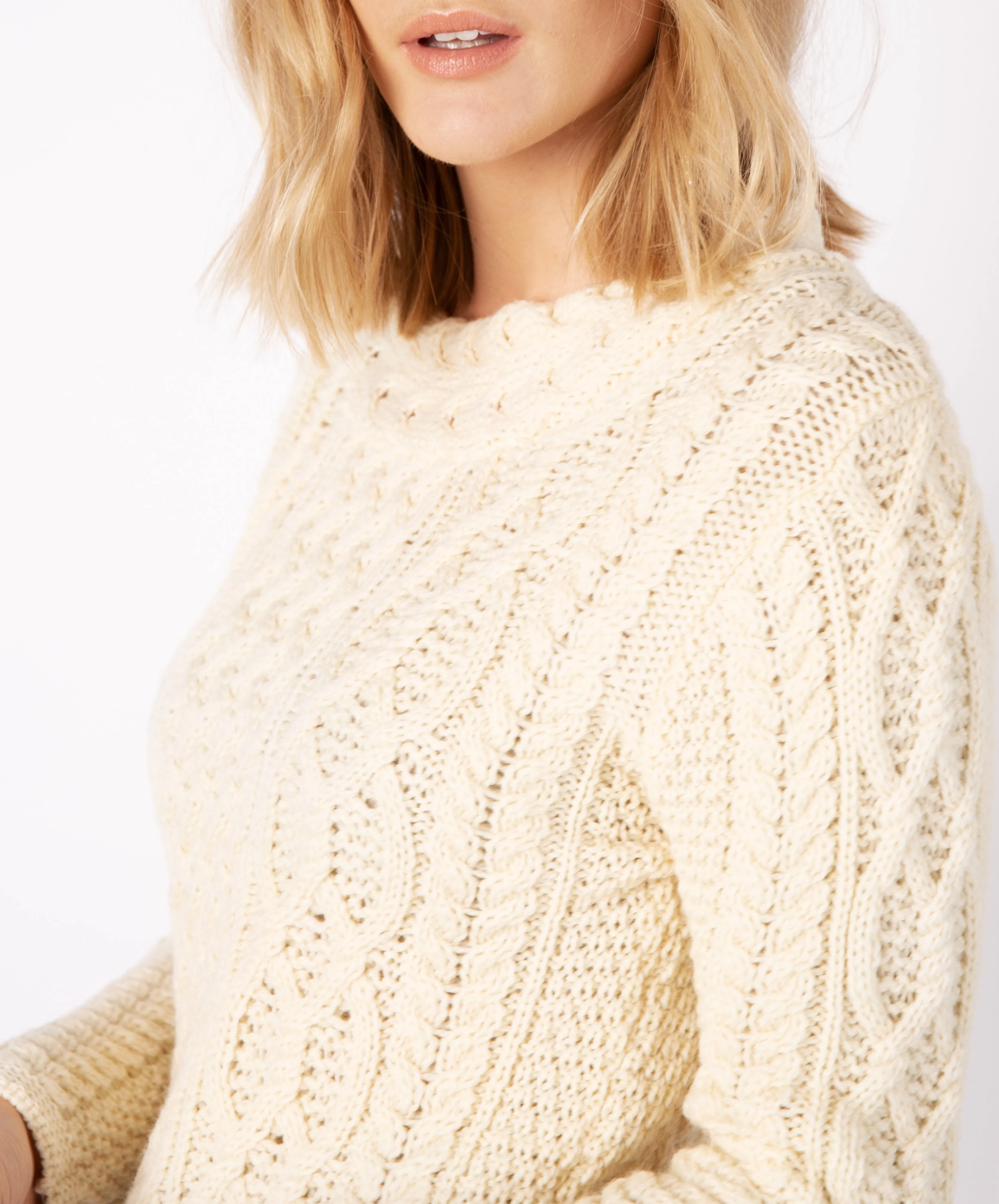 Spindle Aran Cable Neck Sweater Natural