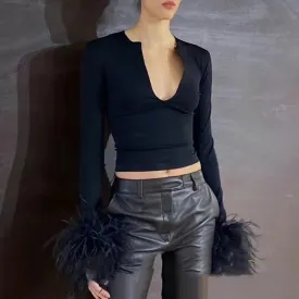 Spliced Feather Solid Knitting Sweaters For Women V Neck Long Sleeve Slimming Pullover Sweater Female Fashion
