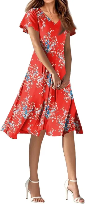 Spring Dresses for Women 2025 Weddingcasualflowyelegant Dress Ruffle Short Sleeve Floral Dresses Midi Chiffon Dress