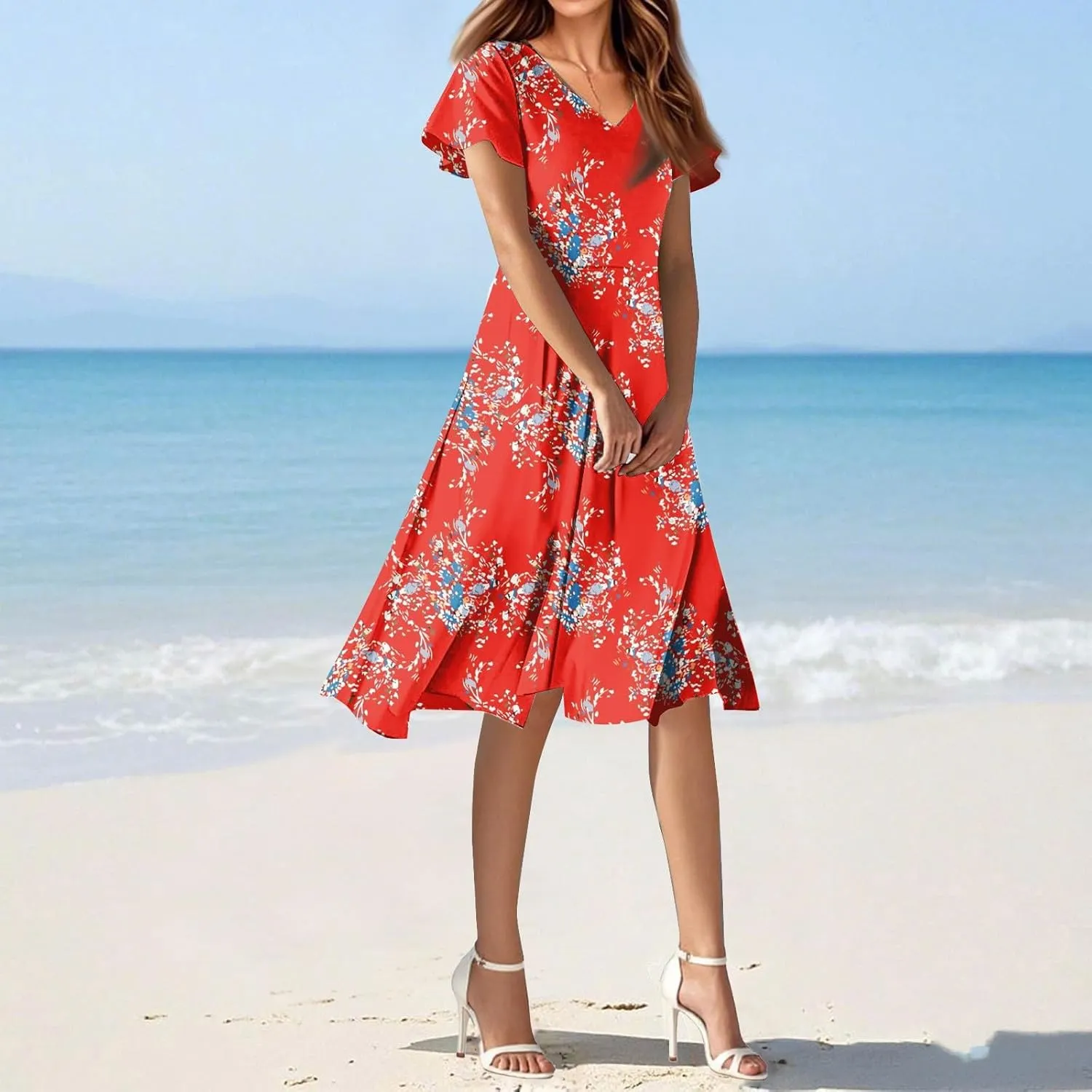 Spring Dresses for Women 2025 Weddingcasualflowyelegant Dress Ruffle Short Sleeve Floral Dresses Midi Chiffon Dress