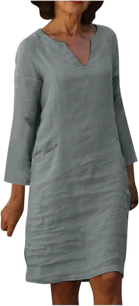 Summer Dresses for Women 2025 Long Sleeve Casual V Neck Vacation Beach Work Trendy Cotton Linen Tshirt Dress