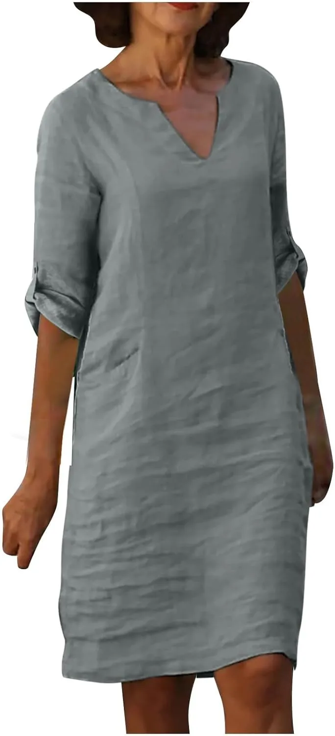 Summer Dresses for Women 2025 Long Sleeve Casual V Neck Vacation Beach Work Trendy Cotton Linen Tshirt Dress