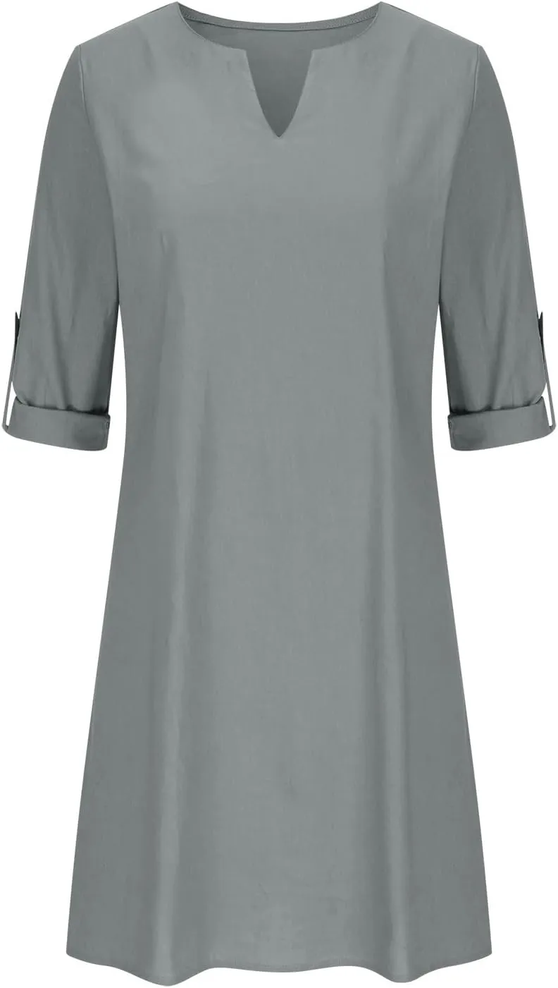 Summer Dresses for Women 2025 Long Sleeve Casual V Neck Vacation Beach Work Trendy Cotton Linen Tshirt Dress