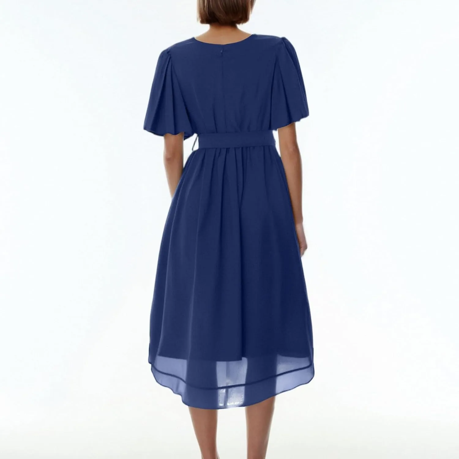 Summer Floral Dresses for Women 2025 Midi Chiffon Dresses Wedding Guest Dress V Neck Short Sleeve Tie Waist Ruffled Hem