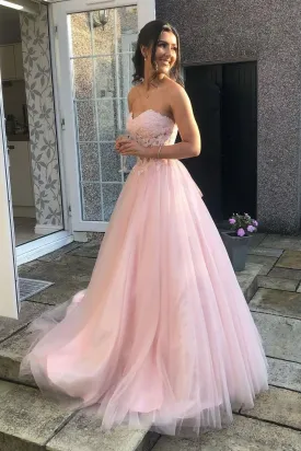 Sweetheart Lace Top Tulle Pink Long Prom Dress