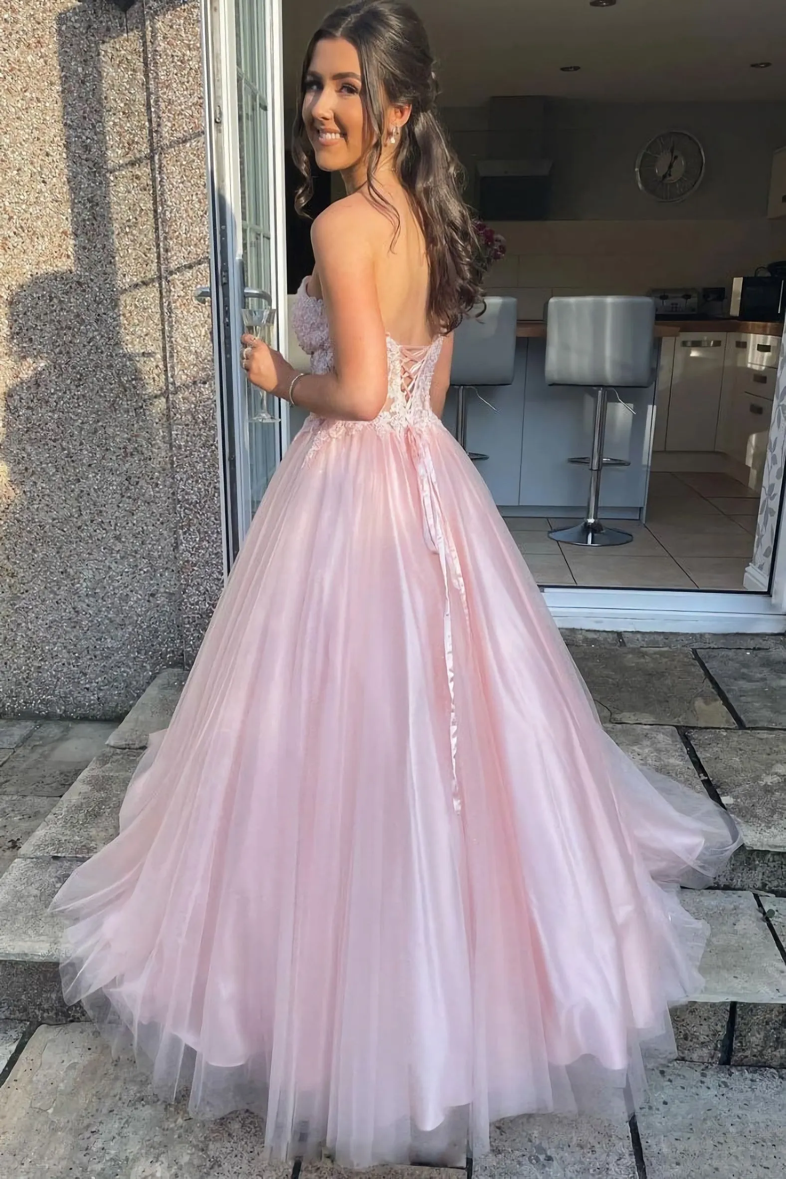 Sweetheart Lace Top Tulle Pink Long Prom Dress