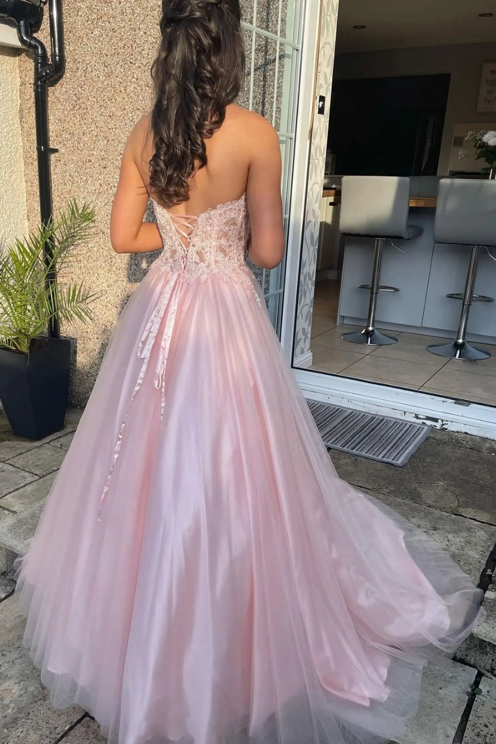 Sweetheart Lace Top Tulle Pink Long Prom Dress