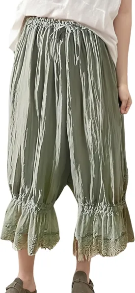UAURORAO Women Lace Trim Long Bloomers Elastic Mid Rise Ruffle Pantaloons Cropped Flared Slips Pants Pajama Bottoms