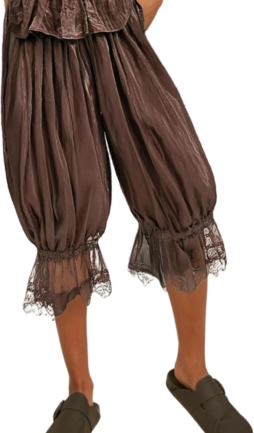 UAURORAO Women Lace Trim Long Bloomers Elastic Mid Rise Ruffle Pantaloons Cropped Flared Slips Pants Pajama Bottoms