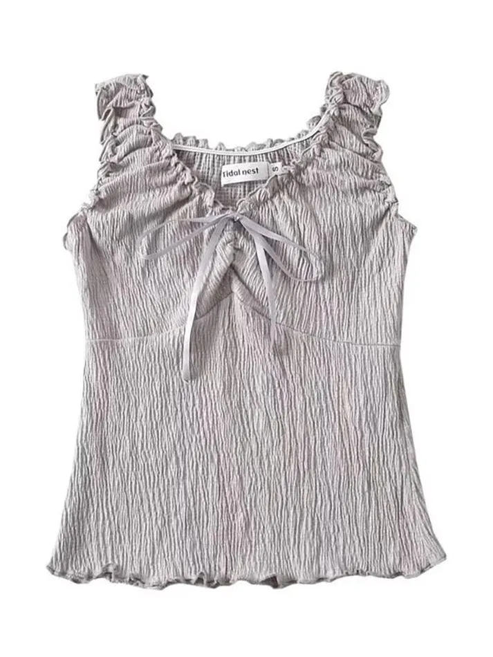 V-Neck Ruffled-Trim Bow Accent Tank Top