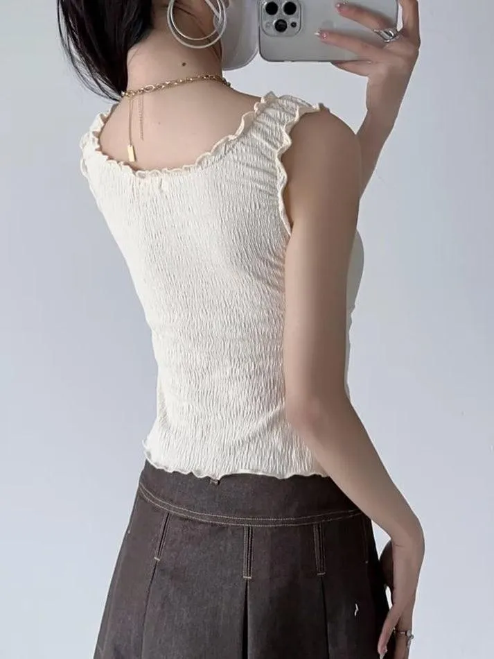 V-Neck Ruffled-Trim Bow Accent Tank Top
