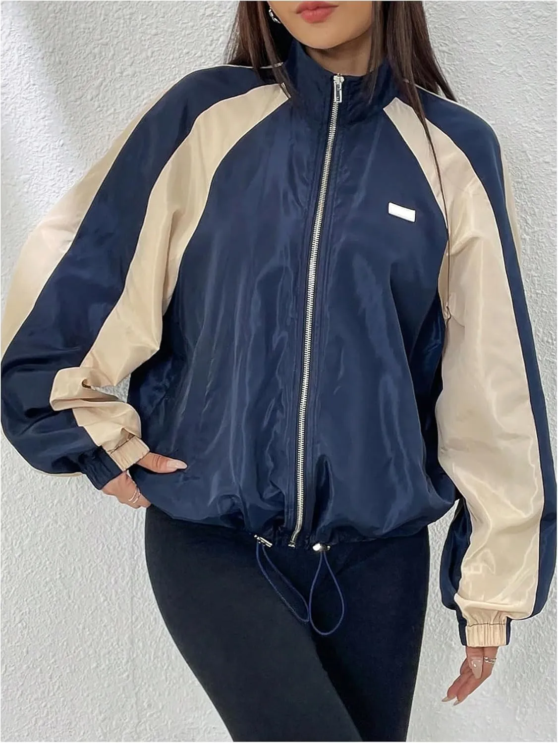 WDIRARA Women's Color Block Zip Up Lightweight Jacket Patchwork Sporty Windbreaker Jacket