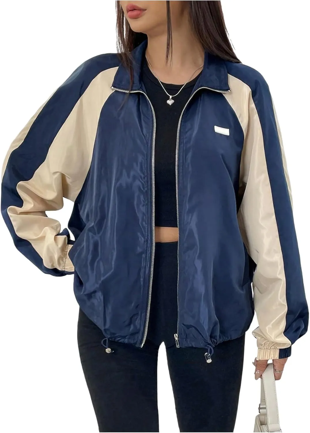 WDIRARA Women's Color Block Zip Up Lightweight Jacket Patchwork Sporty Windbreaker Jacket