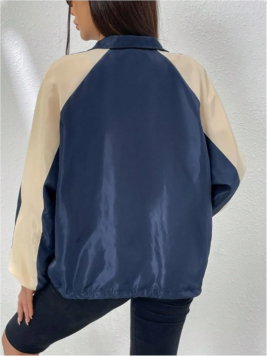WDIRARA Women's Color Block Zip Up Lightweight Jacket Patchwork Sporty Windbreaker Jacket