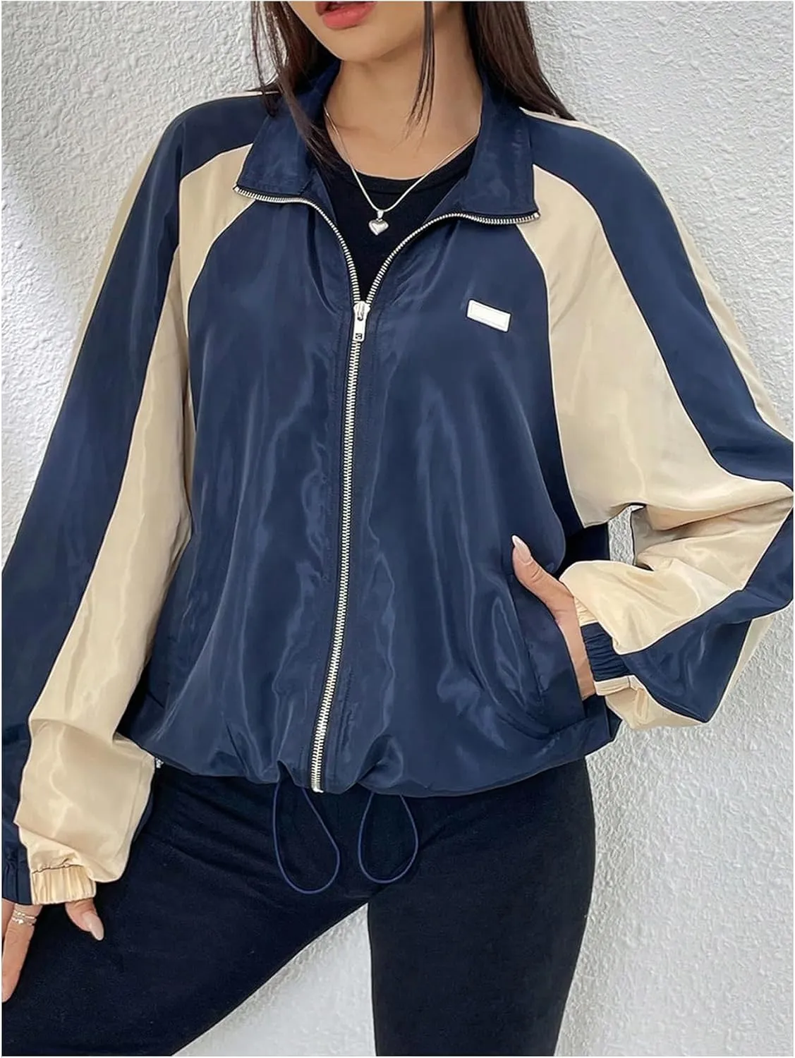 WDIRARA Women's Color Block Zip Up Lightweight Jacket Patchwork Sporty Windbreaker Jacket