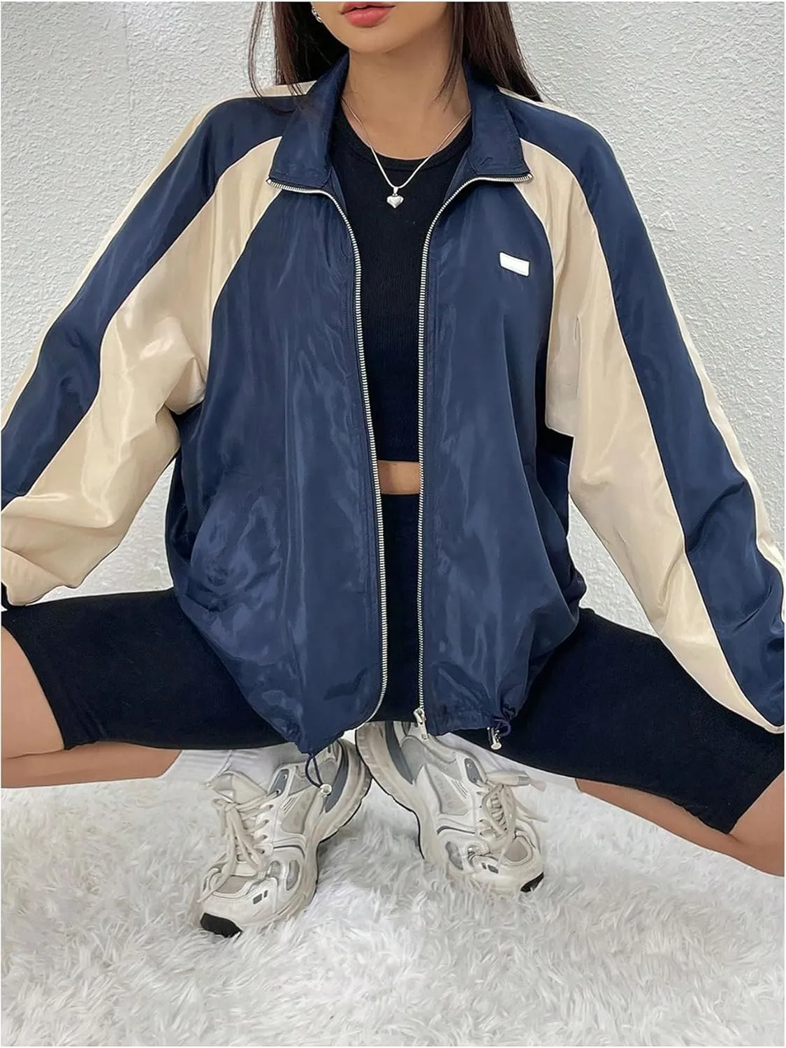 WDIRARA Women's Color Block Zip Up Lightweight Jacket Patchwork Sporty Windbreaker Jacket