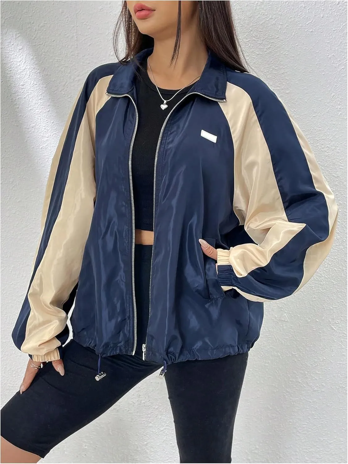 WDIRARA Women's Color Block Zip Up Lightweight Jacket Patchwork Sporty Windbreaker Jacket