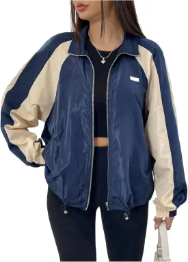 WDIRARA Women's Color Block Zip Up Lightweight Jacket Patchwork Sporty Windbreaker Jacket