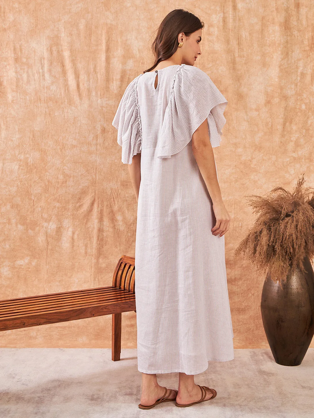 White Striped Cotton Linen Maternity and Feeding Dress