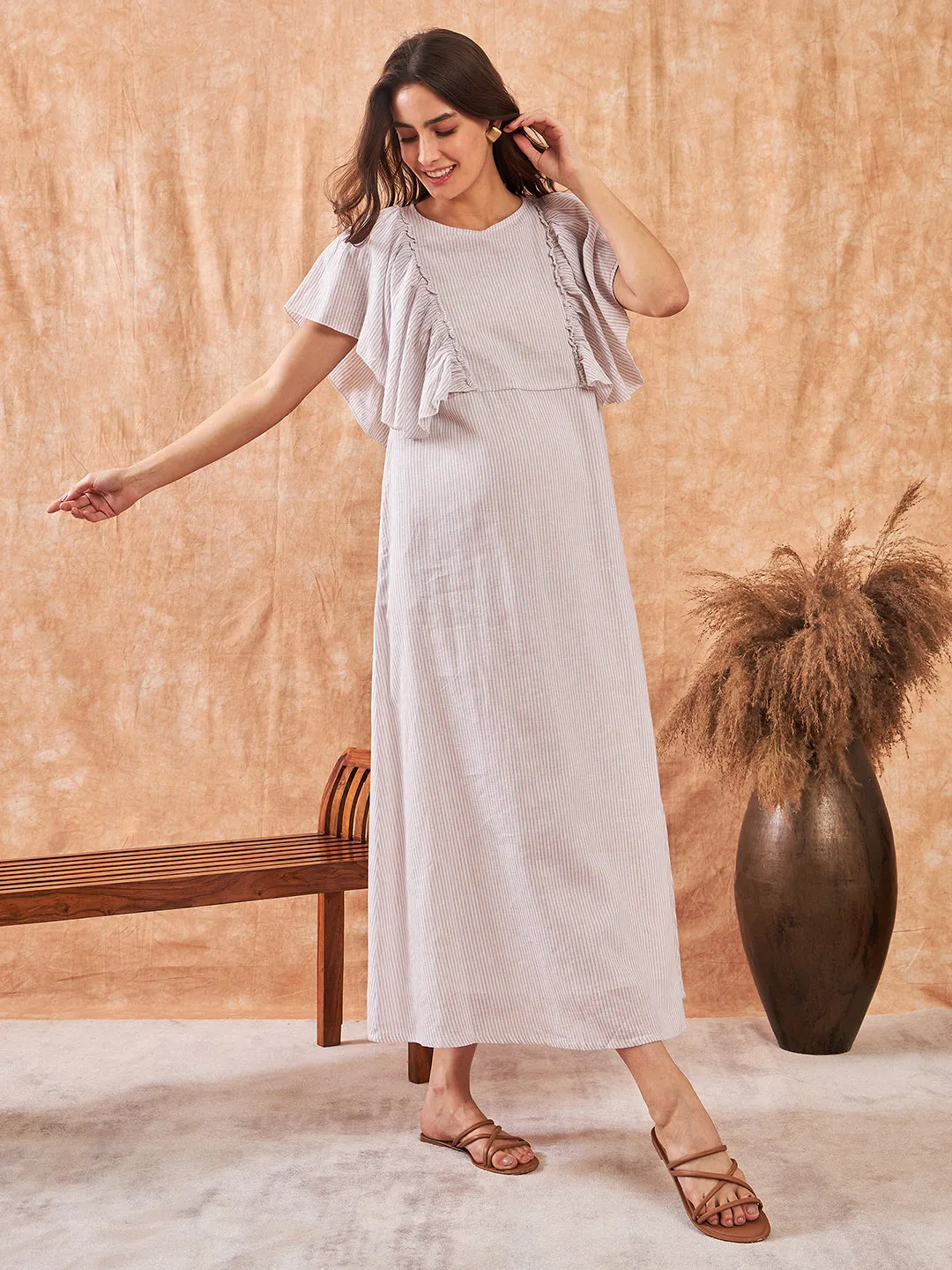 White Striped Cotton Linen Maternity and Feeding Dress
