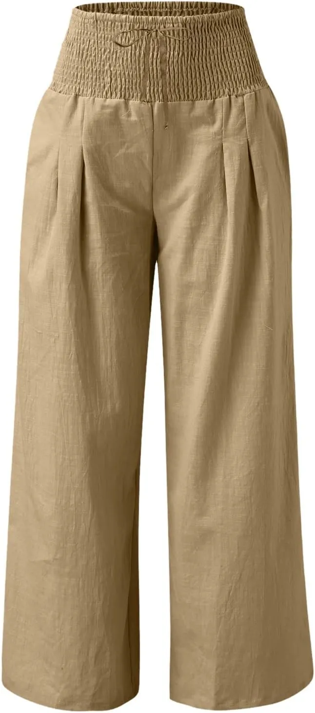 Wide Leg Linen Pants Women Summer High Waisted Boho Beach Flowy Pant Casual Vacation Outfits Elastic Lounge Trousers