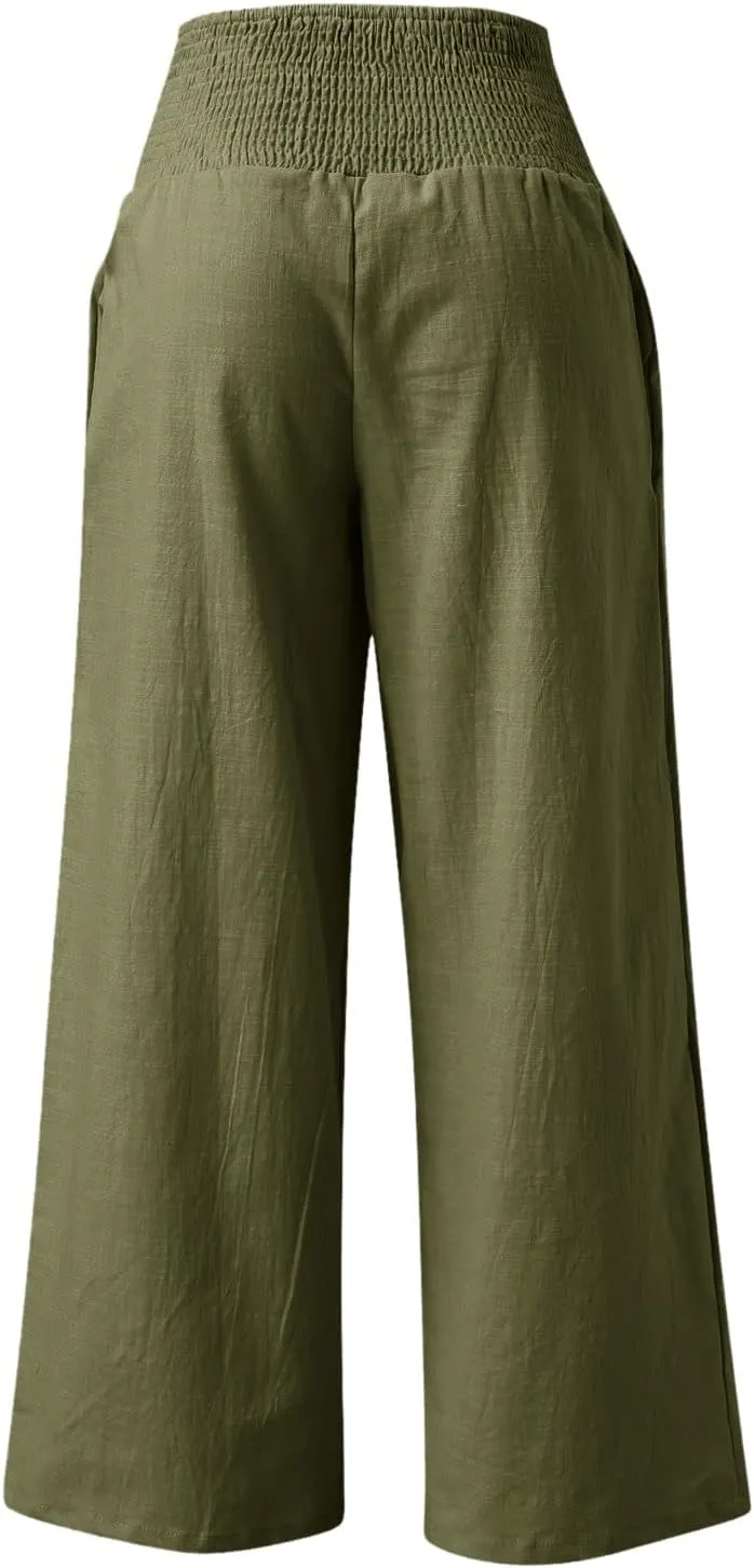 Wide Leg Linen Pants Women Summer High Waisted Boho Beach Flowy Pant Casual Vacation Outfits Elastic Lounge Trousers