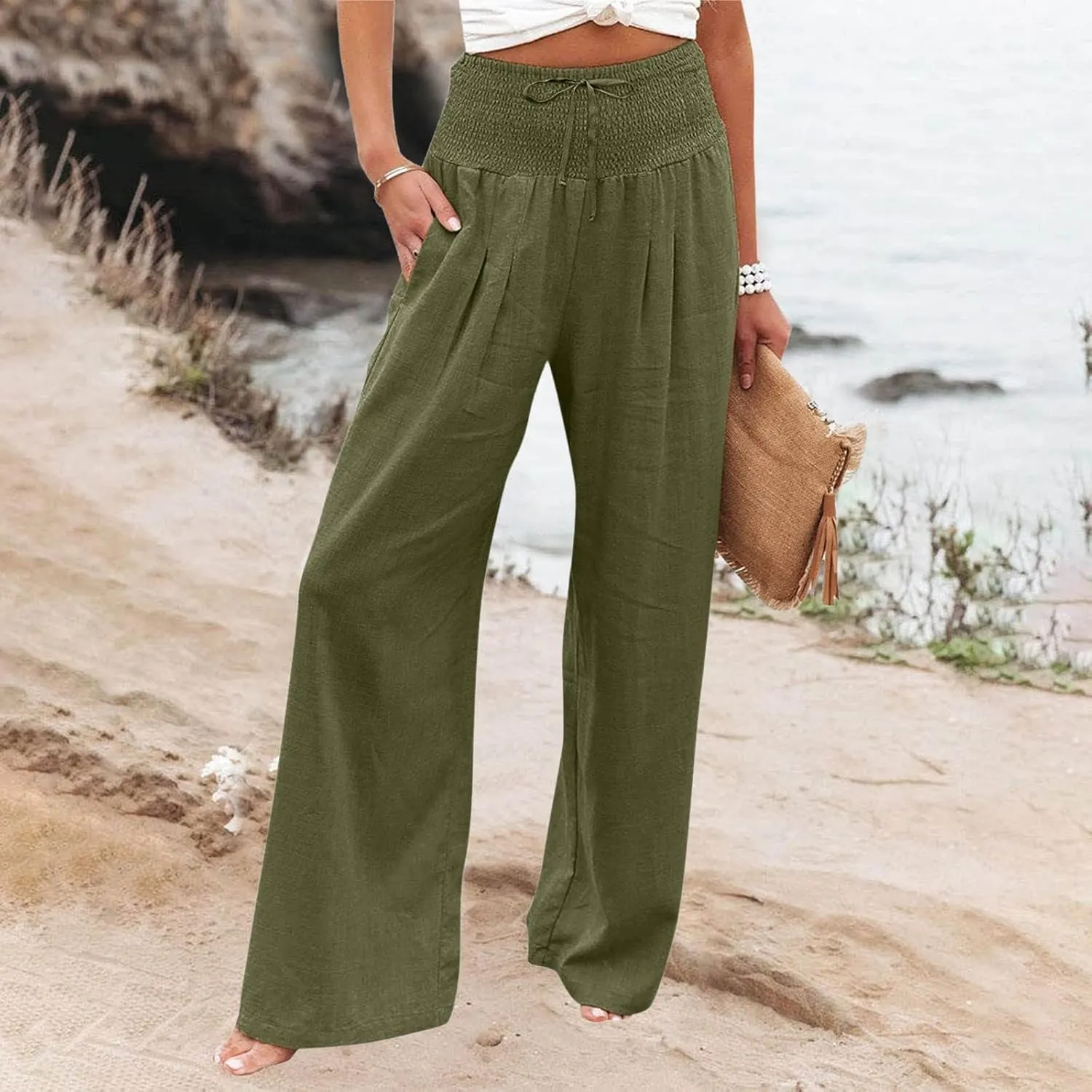 Wide Leg Linen Pants Women Summer High Waisted Boho Beach Flowy Pant Casual Vacation Outfits Elastic Lounge Trousers