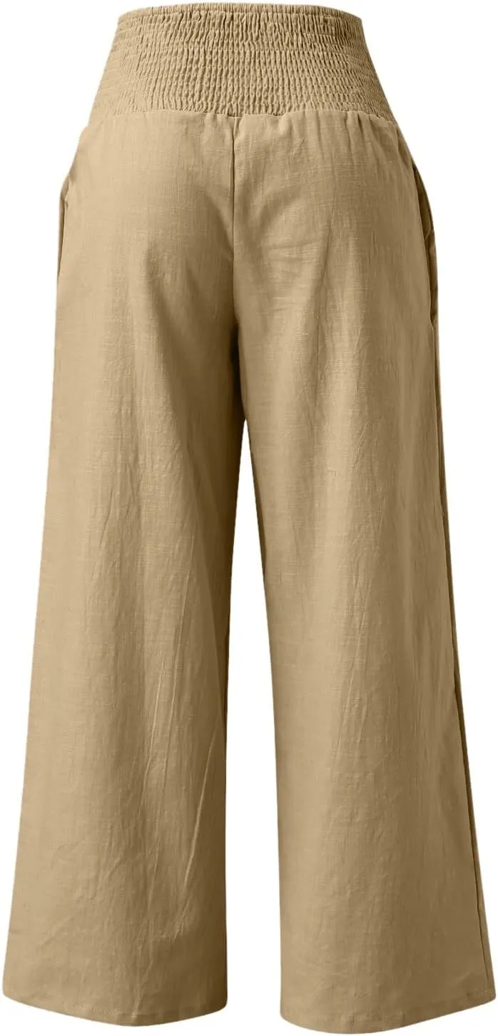 Wide Leg Linen Pants Women Summer High Waisted Boho Beach Flowy Pant Casual Vacation Outfits Elastic Lounge Trousers