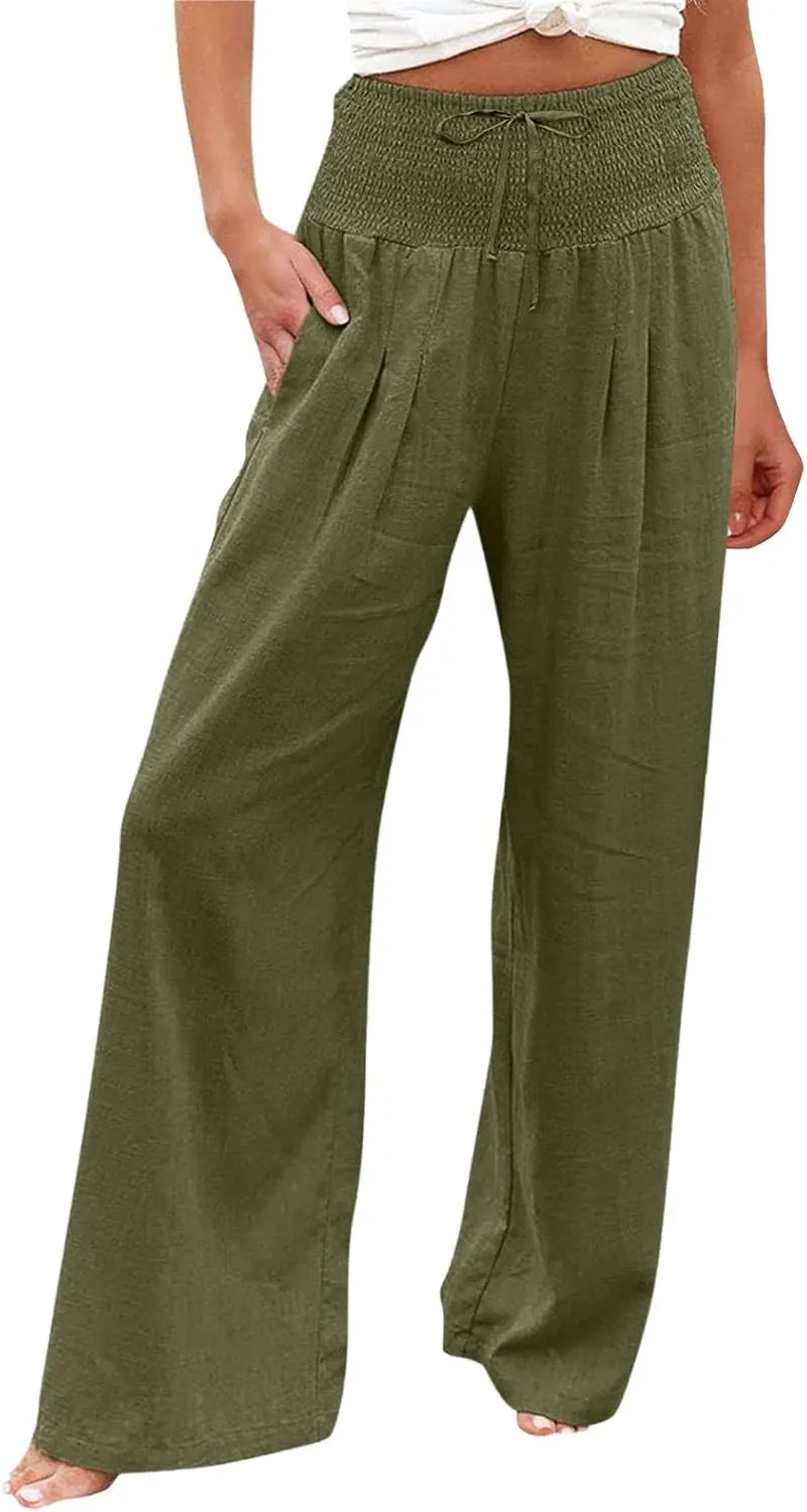 Wide Leg Linen Pants Women Summer High Waisted Boho Beach Flowy Pant Casual Vacation Outfits Elastic Lounge Trousers