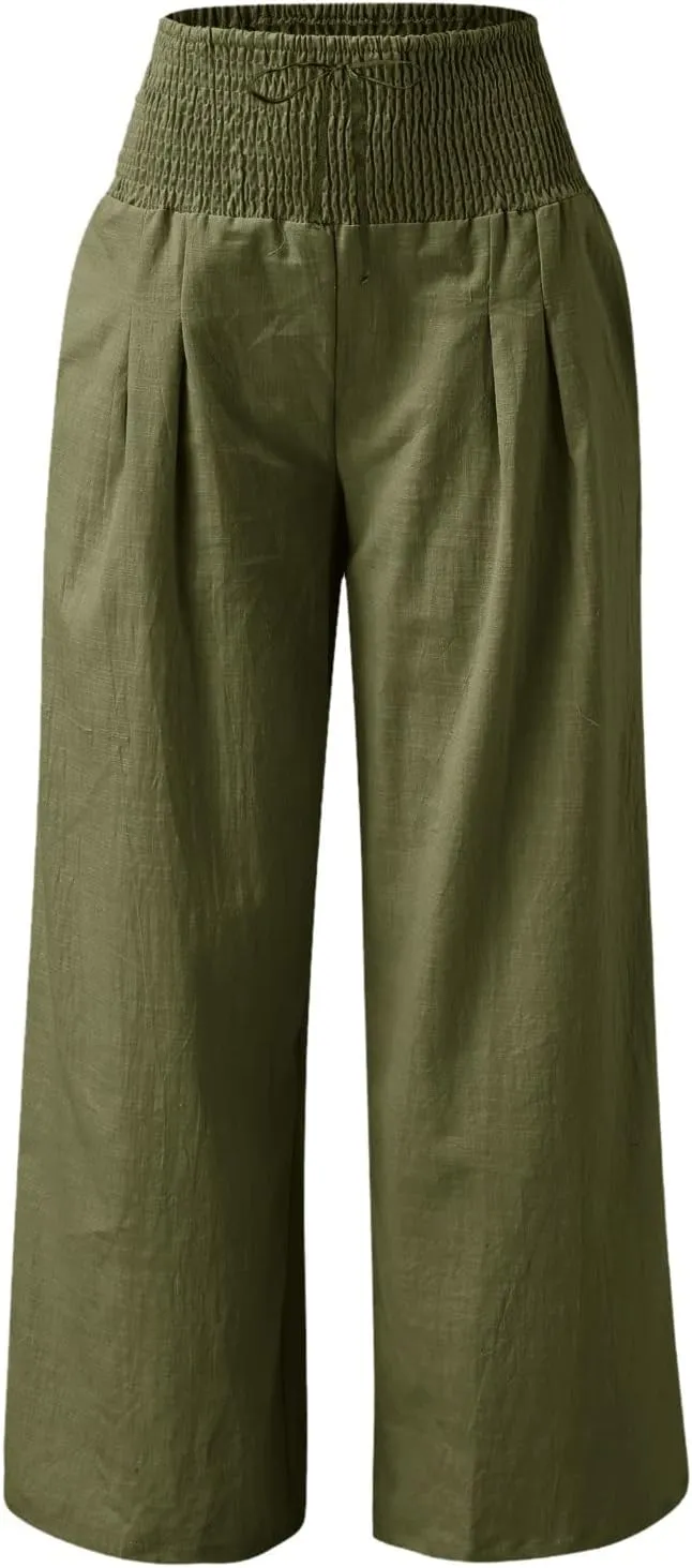 Wide Leg Linen Pants Women Summer High Waisted Boho Beach Flowy Pant Casual Vacation Outfits Elastic Lounge Trousers
