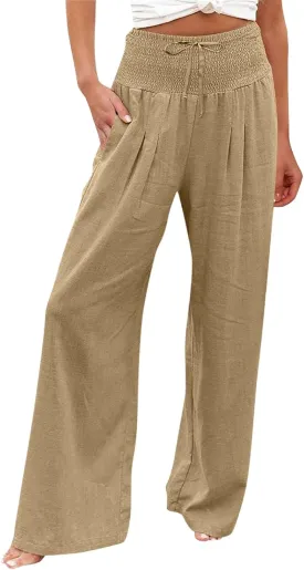 Wide Leg Linen Pants Women Summer High Waisted Boho Beach Flowy Pant Casual Vacation Outfits Elastic Lounge Trousers