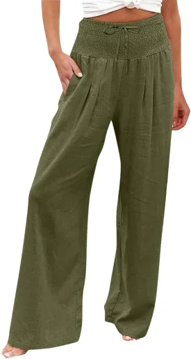 Wide Leg Linen Pants Women Summer High Waisted Boho Beach Flowy Pant Casual Vacation Outfits Elastic Lounge Trousers