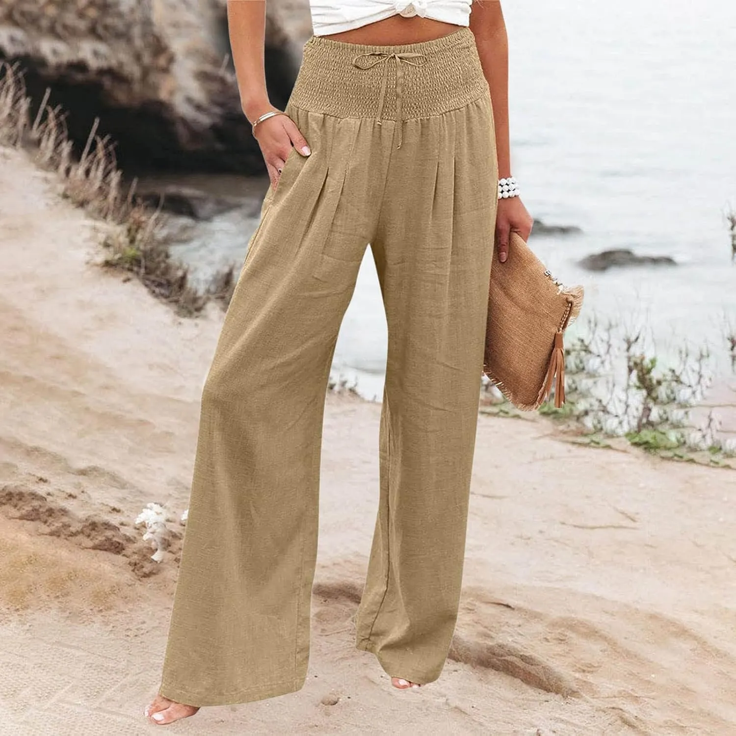 Wide Leg Linen Pants Women Summer High Waisted Boho Beach Flowy Pant Casual Vacation Outfits Elastic Lounge Trousers