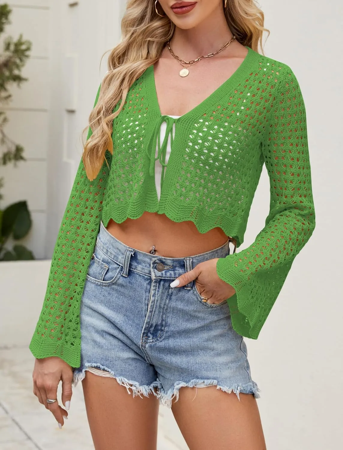 Women Tie Front Cropped Cardigan Crochet Bolero Shrug Sweater Bell Sleeve Knit Crop Top