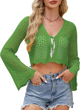 Women Tie Front Cropped Cardigan Crochet Bolero Shrug Sweater Bell Sleeve Knit Crop Top