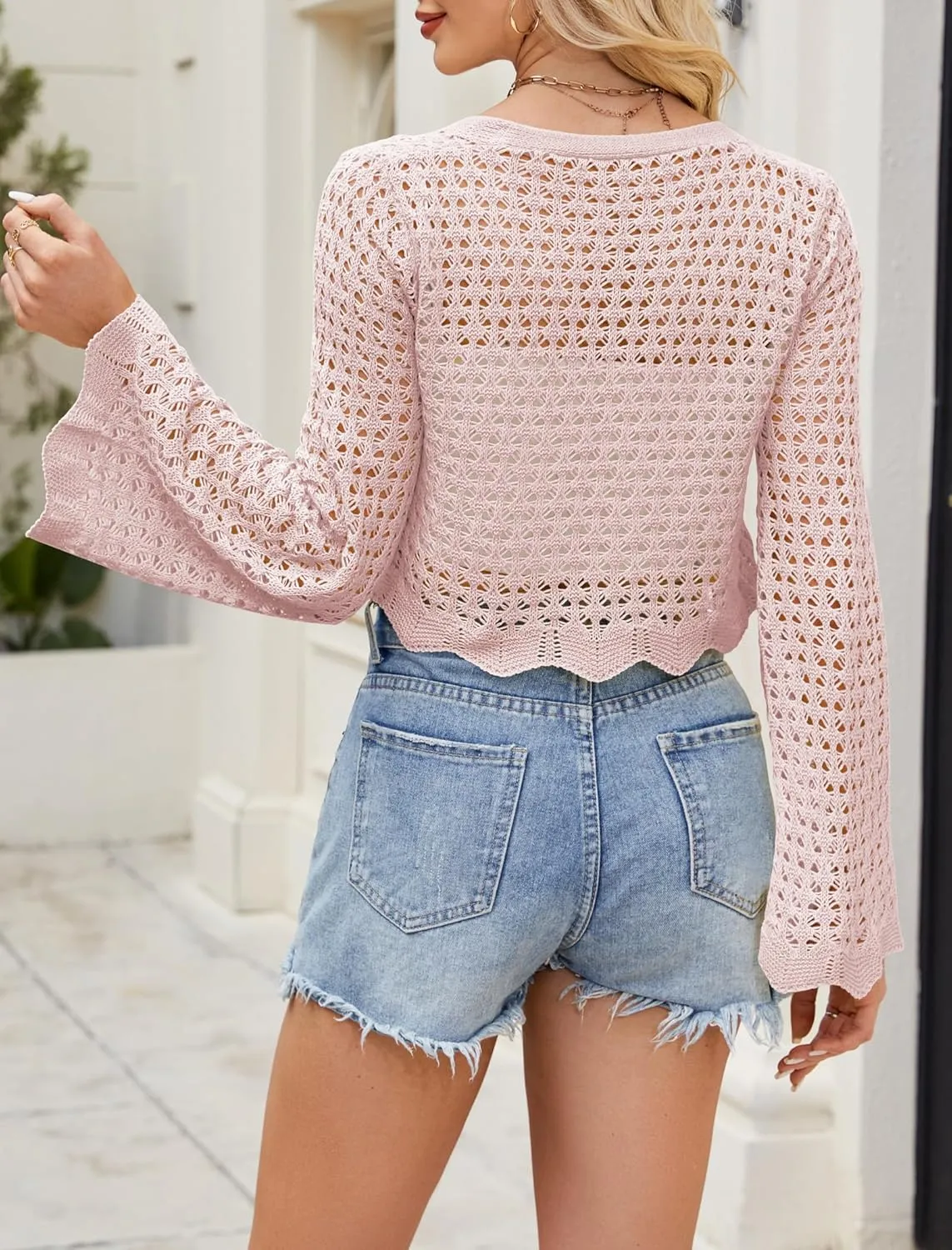 Women Tie Front Cropped Cardigan Crochet Bolero Shrug Sweater Bell Sleeve Knit Crop Top