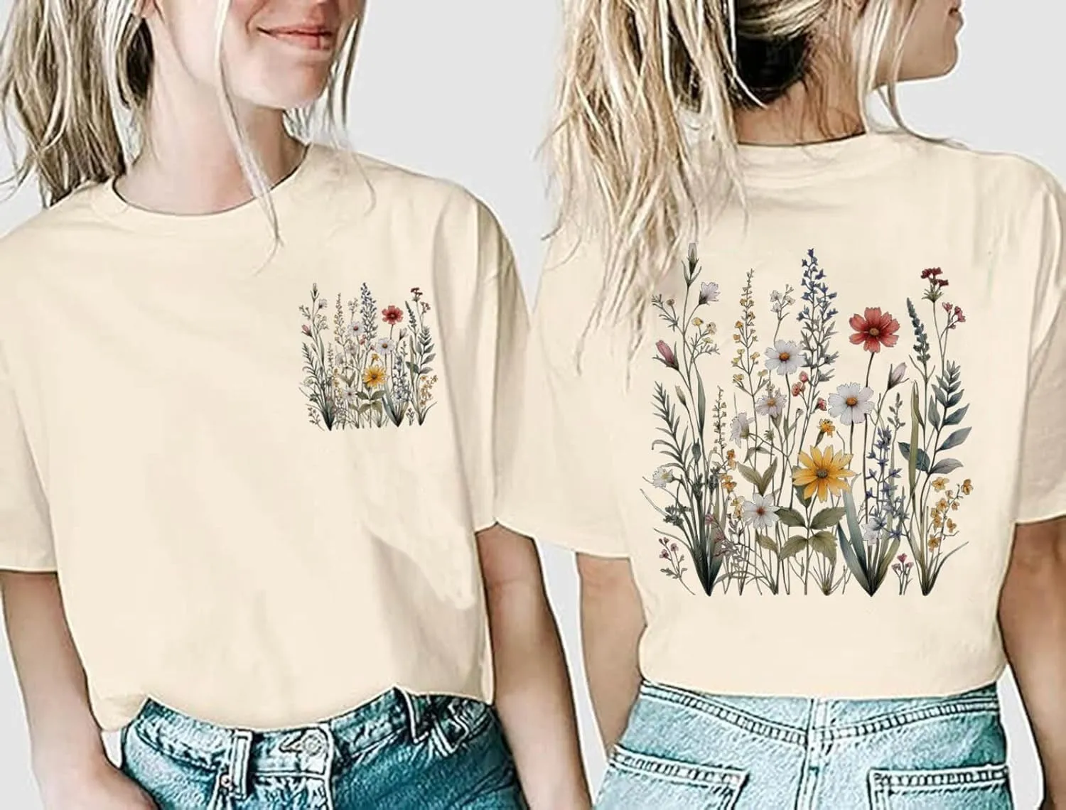 Women Wildflowers Shirt Boho Floral T-Shirt Cute Plant Floral Tops Garden Lovers Tee Shirt Inspirational Graphic Tops
