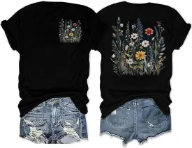 Women Wildflowers Shirt Boho Floral T-Shirt Cute Plant Floral Tops Garden Lovers Tee Shirt Inspirational Graphic Tops