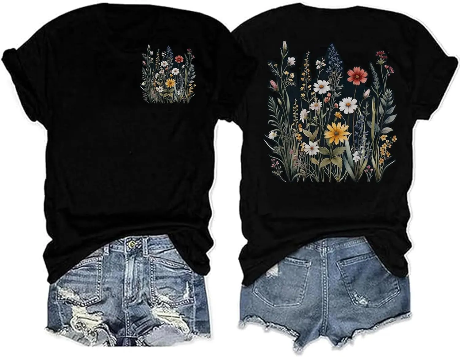 Women Wildflowers Shirt Boho Floral T-Shirt Cute Plant Floral Tops Garden Lovers Tee Shirt Inspirational Graphic Tops