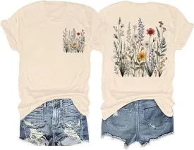Women Wildflowers Shirt Boho Floral T-Shirt Cute Plant Floral Tops Garden Lovers Tee Shirt Inspirational Graphic Tops