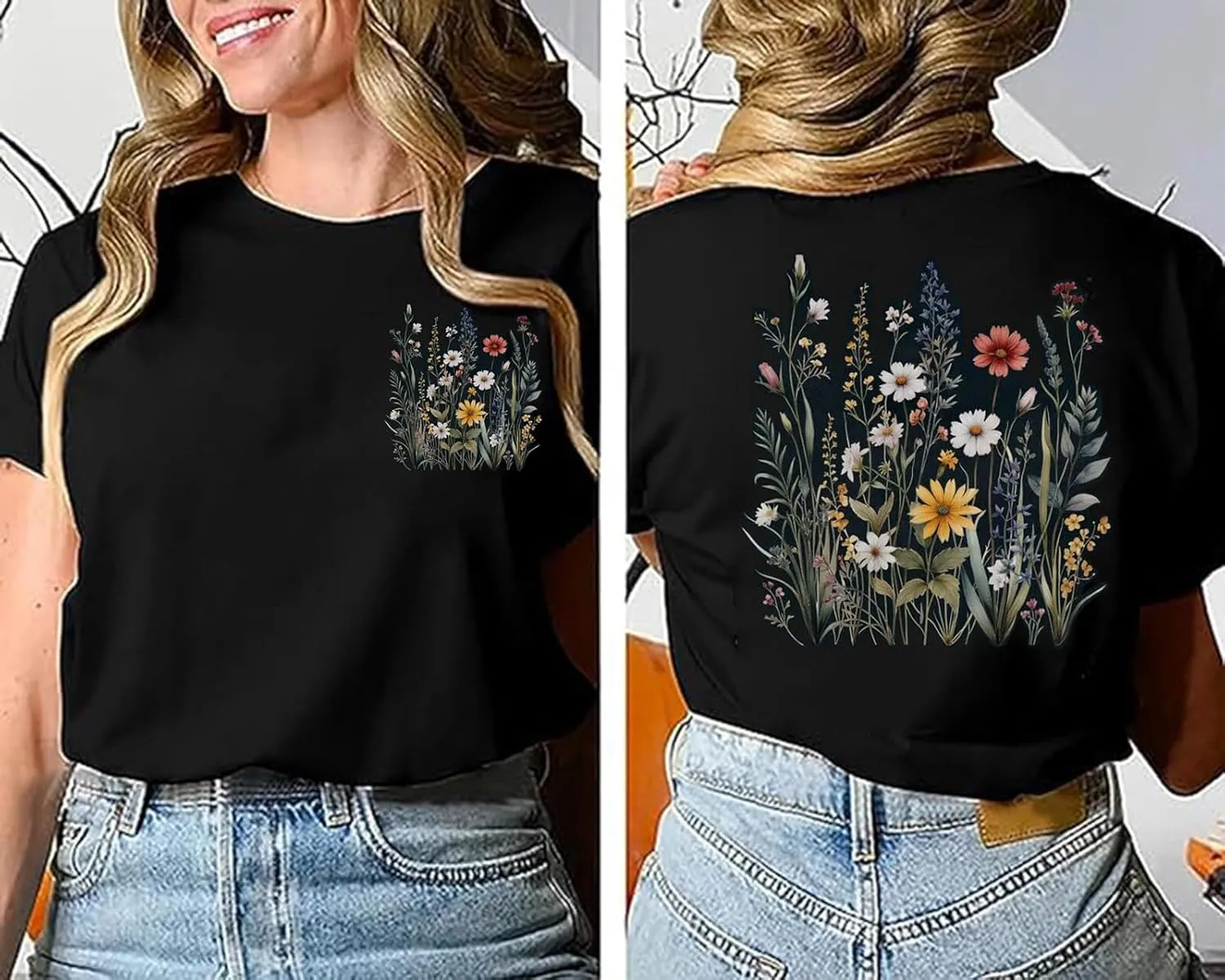 Women Wildflowers Shirt Boho Floral T-Shirt Cute Plant Floral Tops Garden Lovers Tee Shirt Inspirational Graphic Tops