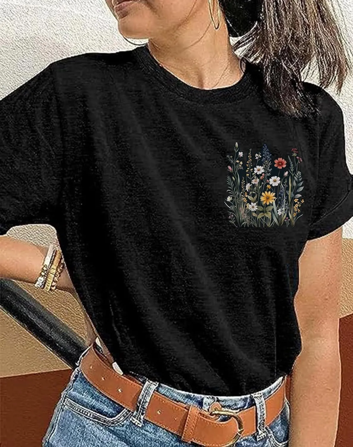 Women Wildflowers Shirt Boho Floral T-Shirt Cute Plant Floral Tops Garden Lovers Tee Shirt Inspirational Graphic Tops